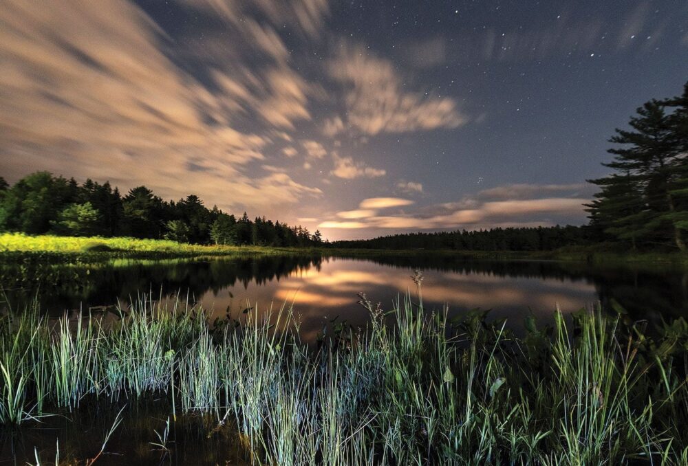 Milieu humide du Parc national Kejimkujik, en Nouvelle Écosse. Dans ce parc continental, le milieu humide assure l’habitat des espèces en péril comme la tortue mouchetée. Parce qu’il est désigné par Parcs Canada comme réserve de ciel étoilé, les observateurs d’étoiles peuvent y trouver un rare moment de répit, loin de l’éblouissement de l’éclairage artificiel, pour profiter des reflets de la lune et des étoiles dans les eaux des milieux humides.