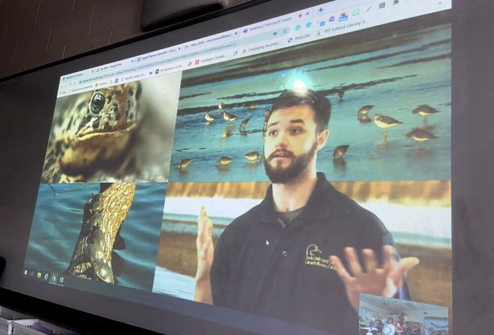 Alexandre Haché présente un captivant exposé virtuel sur les milieux humides à une classe d’élèves de la quatrième année dans l’Île-du-Prince-Édouard. CIC est en train de maîtriser la technologie pour offrir à un plus grand nombre d’élèves des cours de formation sur les milieux humides.