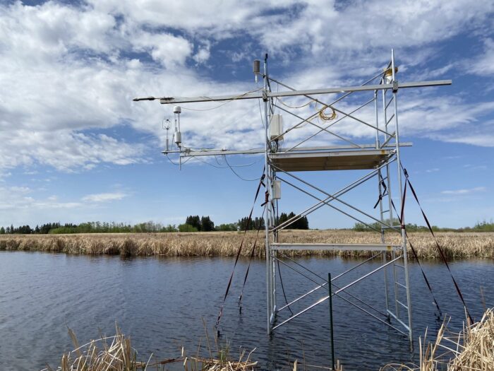 L’étude a aussi révélé qu’il y a toujours des lacunes dans les données existantes. CIC et d’autres partenaires chercheurs tâchent de corriger certaines de ces lacunes. La tour de flux représentée dans cette photo est l’une des deux tours installées sur le site de surveillance des milieux humides des prairies, dans le Sud-Ouest du Manitoba. On est en train d’en installer d’autres dans les marais salés côtiers de la Colombie-Britannique, ce qui permettra à des scientifiques comme Pascal Badiou de quantifier le courant de dioxyde de carbone et de méthane produits dans ces types de milieux humides et d’éclairer les décisions conservationnistes afin de faire fructifier au maximum nos travaux. 