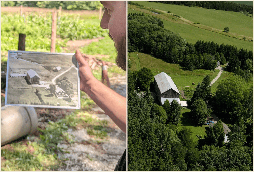 Comparaison de la ferme de Shotyk vue du ciel en 1938 et en 2022.