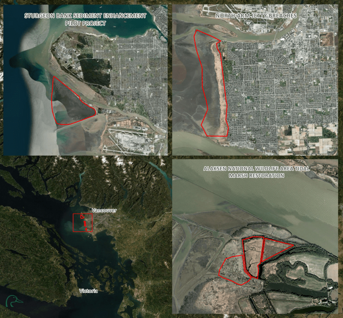 Localisation des trois projets FRESH dans l’estuaire du fleuve Fraser 