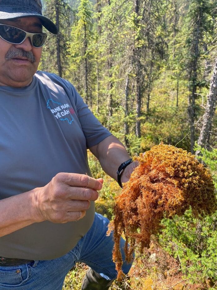 Robbie Porter, gardien du réseau Dane nan yḗ dāh de Kaska Dena, fait part de ses connaissances au personnel du Programme national de la forêt boréale de Canards Illimités Canada.