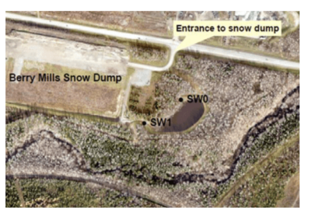 Vue aérienne des sites d’échantillonnage du dépôt de neige de Berry Mills de la Ville de Moncton. Entrée - SW1 (entrée du dépôt de neige) ; Sortie - SW0 (point de sortie du milieu humide).