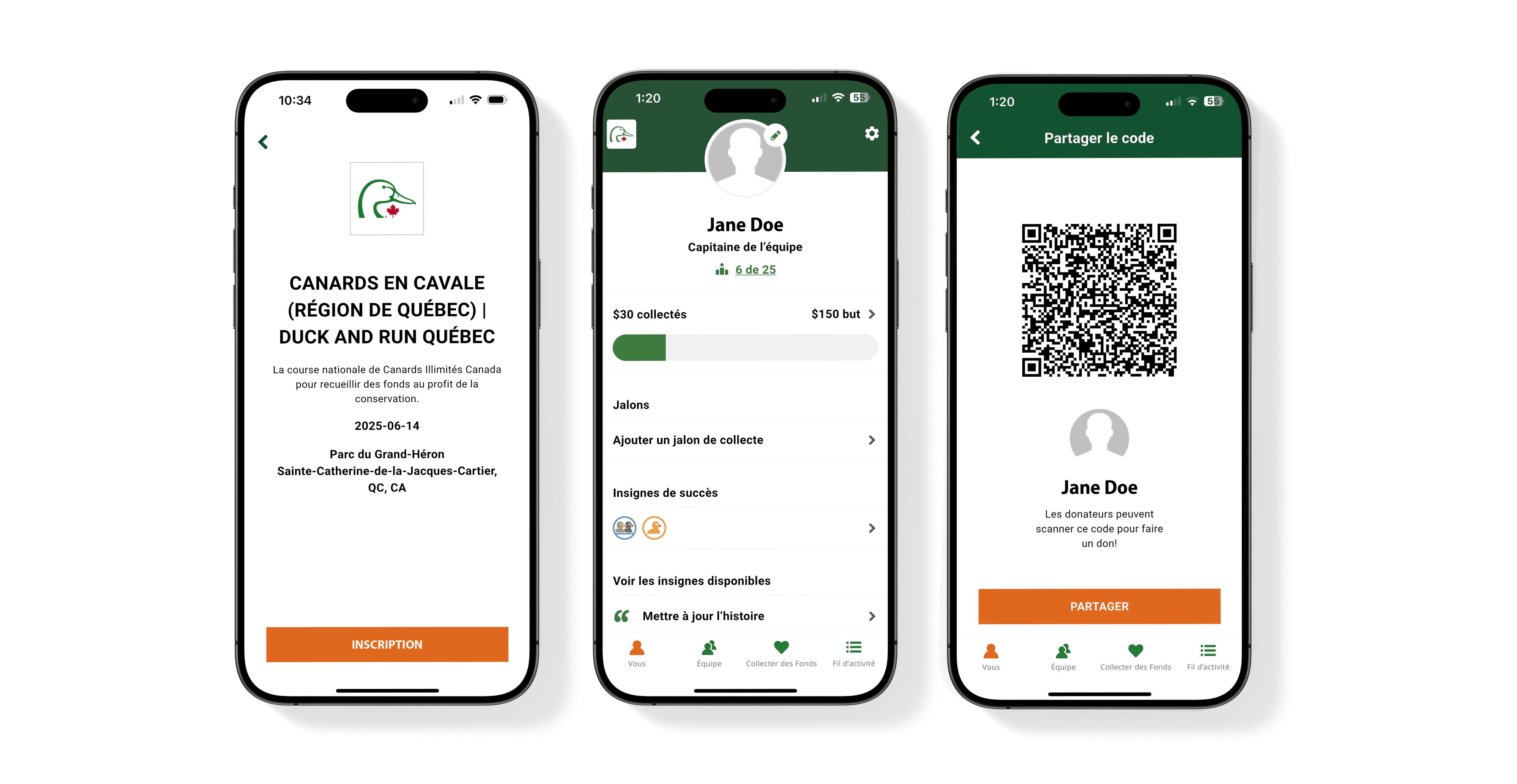 Screenshots of the French DonorDrive mobile app for a Duck and Run participant