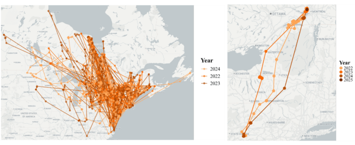 Gauche: Lancé en 2021, le Atlantic Flyway Migration Project suit des femelles colverts marquées dans 14 états et trois provinces partout où elles voyagent à l’aide de dispositifs de suivi GPS pour avoir une image plus claire du comportement des oiseaux, y compris les itinéraires de migration annuelle d’automne comme ceux-ci.  Droite: La trajectoire migratoire automnale sur trois ans de Colvert 214690, une femelle marquée, a montré des similarités remarquables..