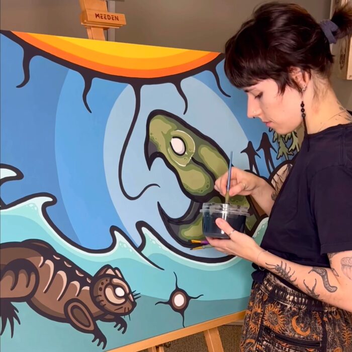 Justine Proulx met en avant des styles artistiques tels que le style Woodland, la tradition artistique autochtone la plus importante de la région des Grands Lacs.
