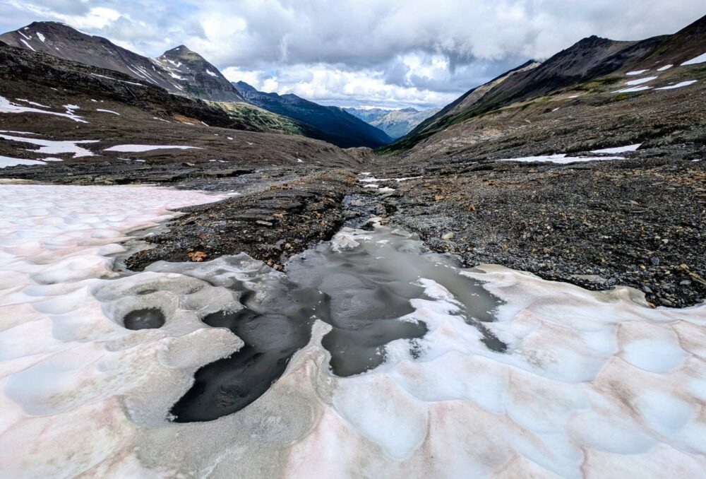 À l’extrémité de ce glacier sans nom situé dans la chaîne de Slamgeesh, au nord de la Colombie-Britannique, la glace fond et s’écoule le long de canaux depuis la zone alpine vers les ruisseaux et les rivières en contrebas, avant de rejoindre l’océan Pacifique par l’intermédiaire du fleuve Skeena.